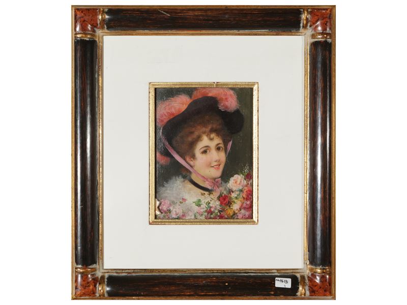 Ritratto di Donna con Cappello e Mazzo di Fiori