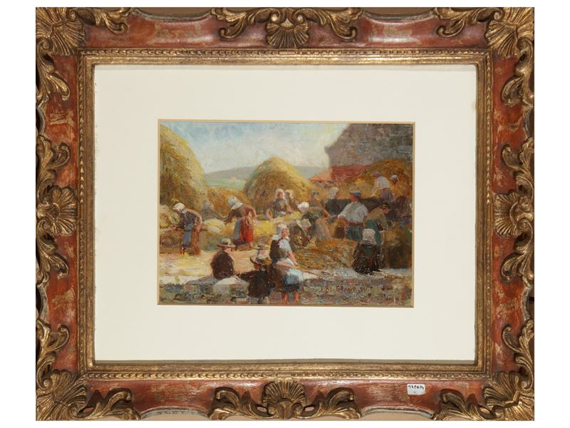 Jean Michel Claveau - Raccolta del grano, olio su tavoletta