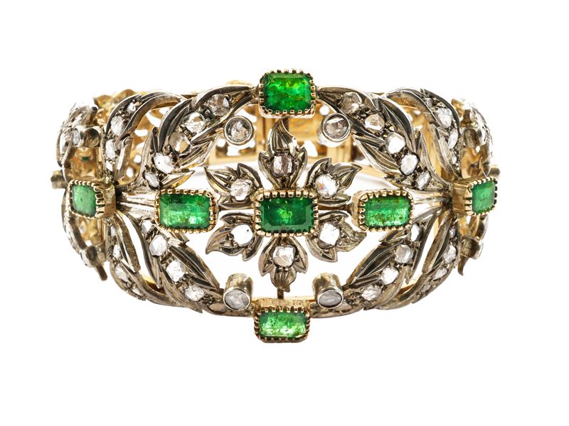 Bracciale semirigido oro giallo e argento con diamanti e smeraldi