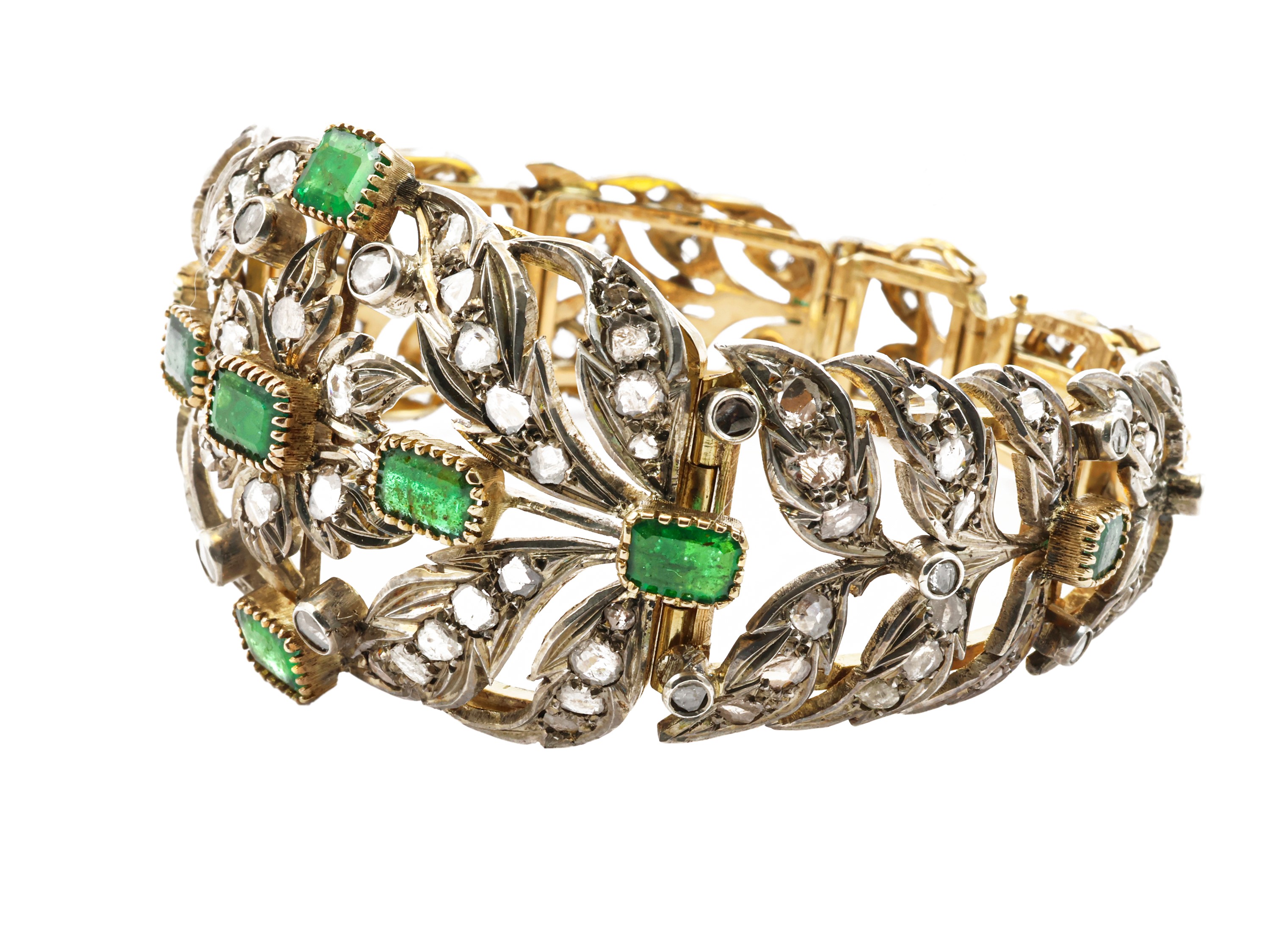 Bracciale semirigido oro giallo e argento con diamanti e smeraldi
