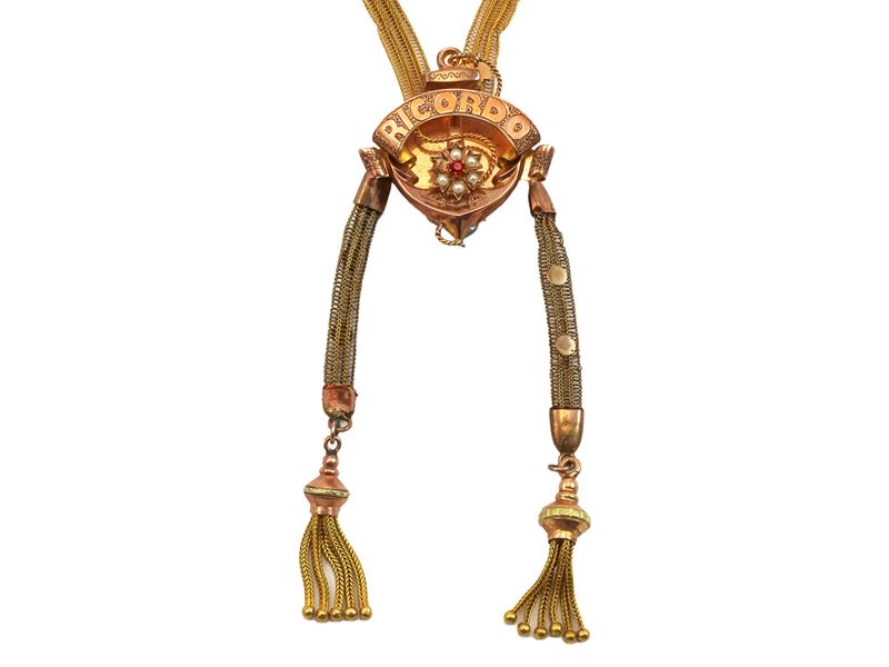 Collana borbonica in oro rosa e giallo a basso titolo con microperle, XIX secolo