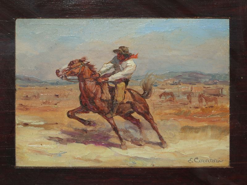 Enrico Corazzi - Uomo a cavallo, olio su tavoletta