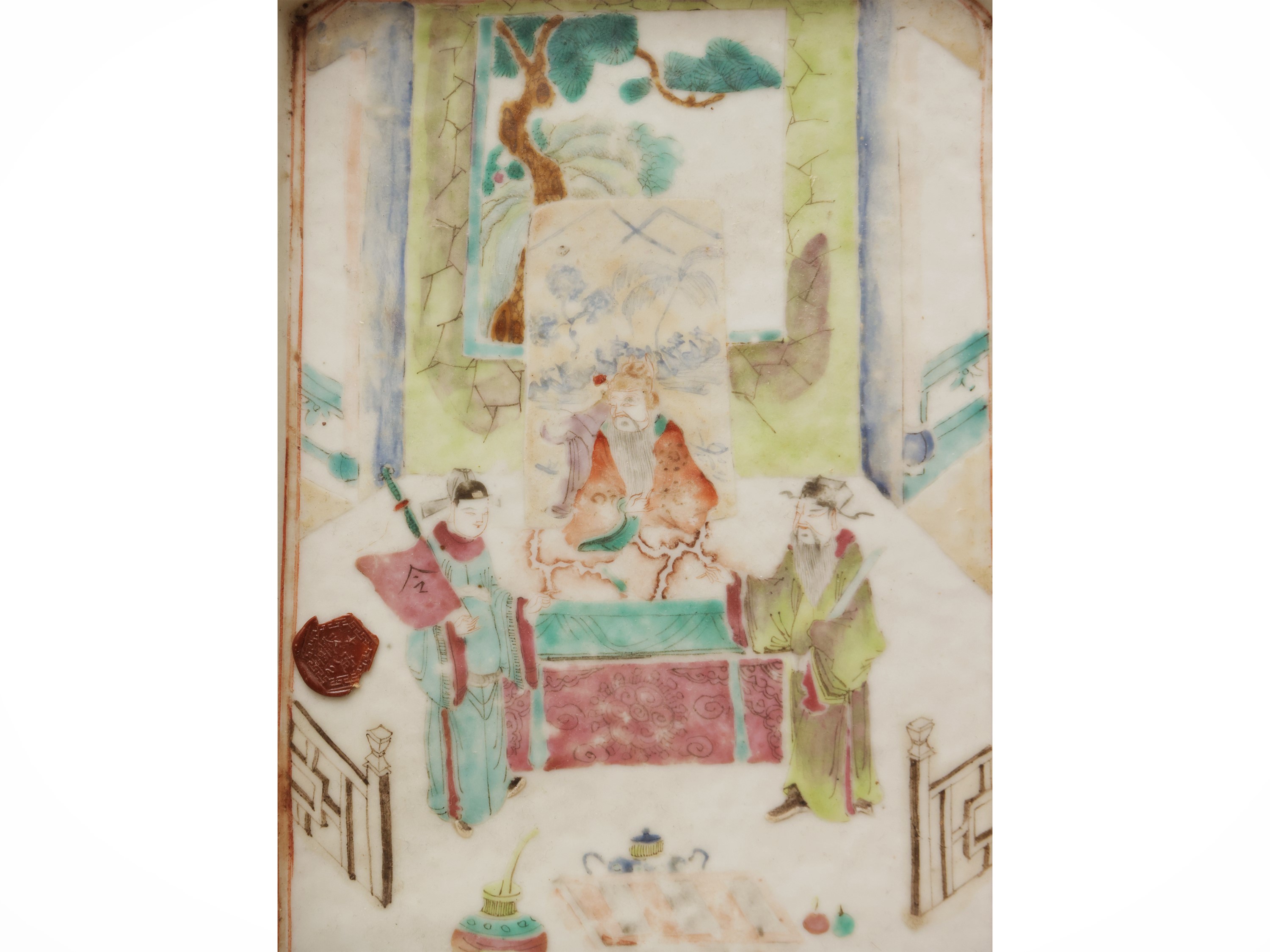 Vassoio ettangolare in porcellana con decorazione famille rose, Cina, dinastia Qing, sec. XIX