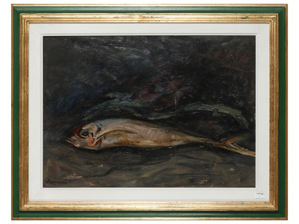 Guido Ferroni : Natura morta con pesce e carciofi  - Asta Arte Moderna e Contemporanea - Maison Bibelot - Casa d'Aste Firenze - Milano