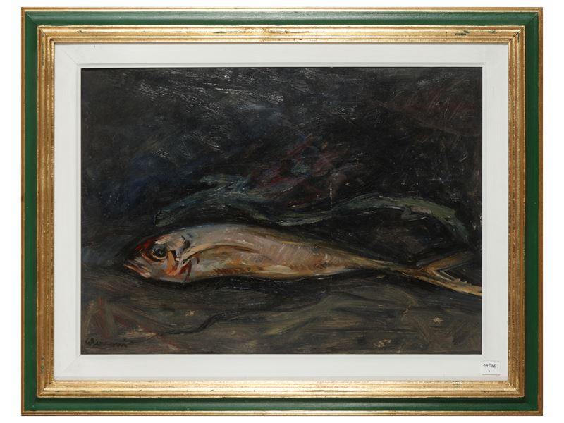 Guido Ferroni - Natura morta con pesce e carciofi, olio su cartone