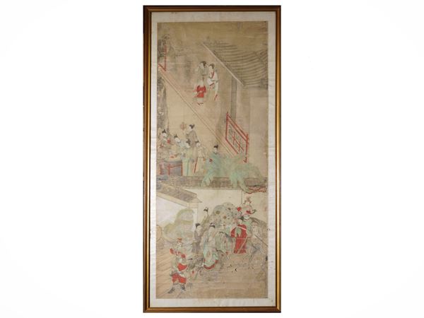 Dipinto a inchiostro e colori su carta raffigurante scena narrativa di corte, Cina, dinastia Qing