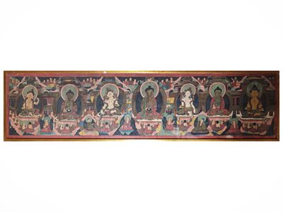 Thangka, scena buddhista con Buddha e bodhisattva, area himalayana, XIX-XX secolo
