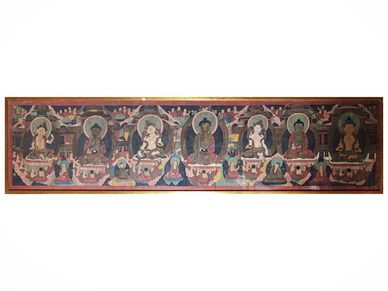 Thangka, scena buddhista con Buddha e bodhisattva, area himalayana, XIX-XX secolo