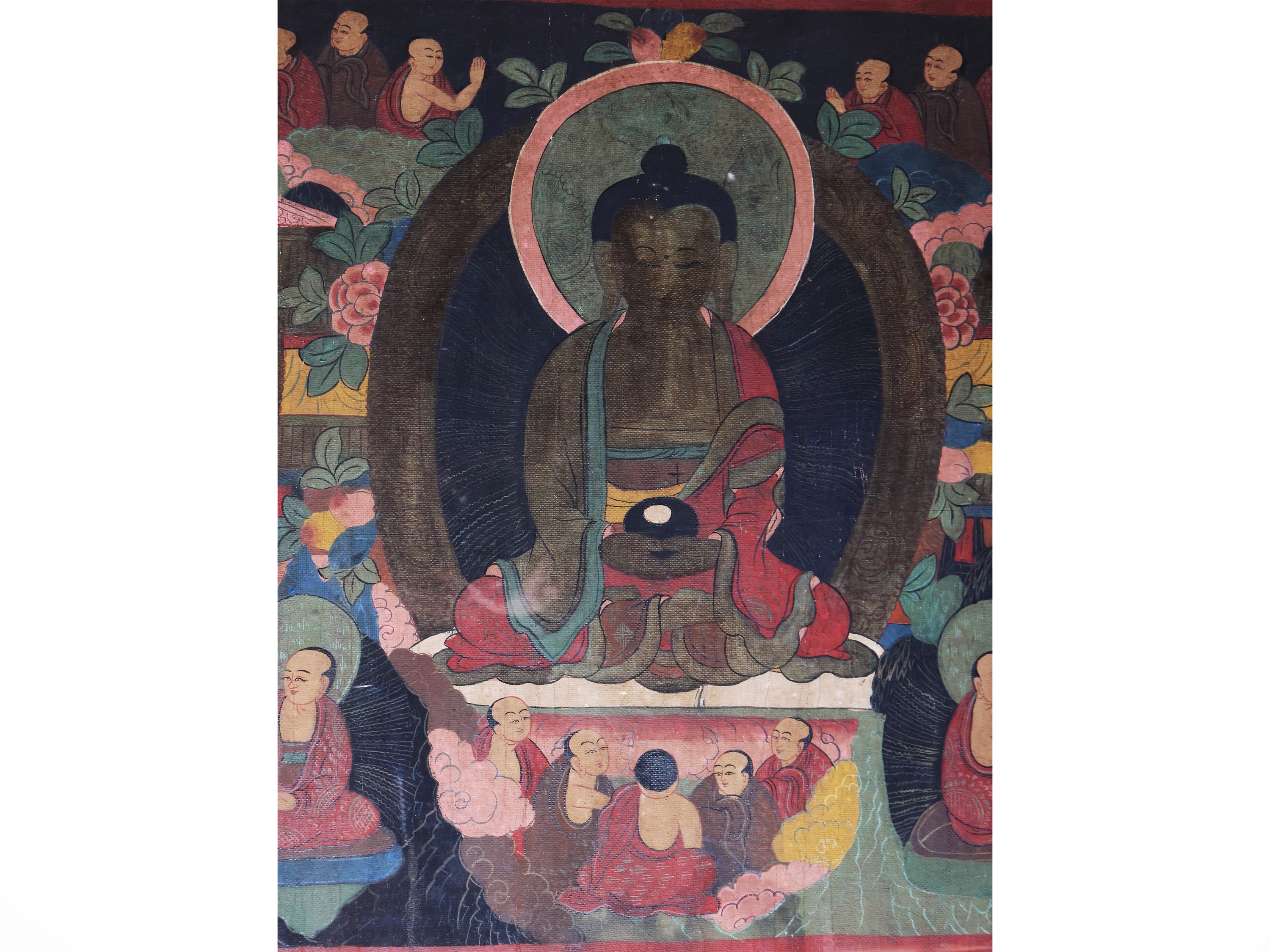 Thangka, scena buddhista con Buddha e bodhisattva, area himalayana, XIX-XX secolo