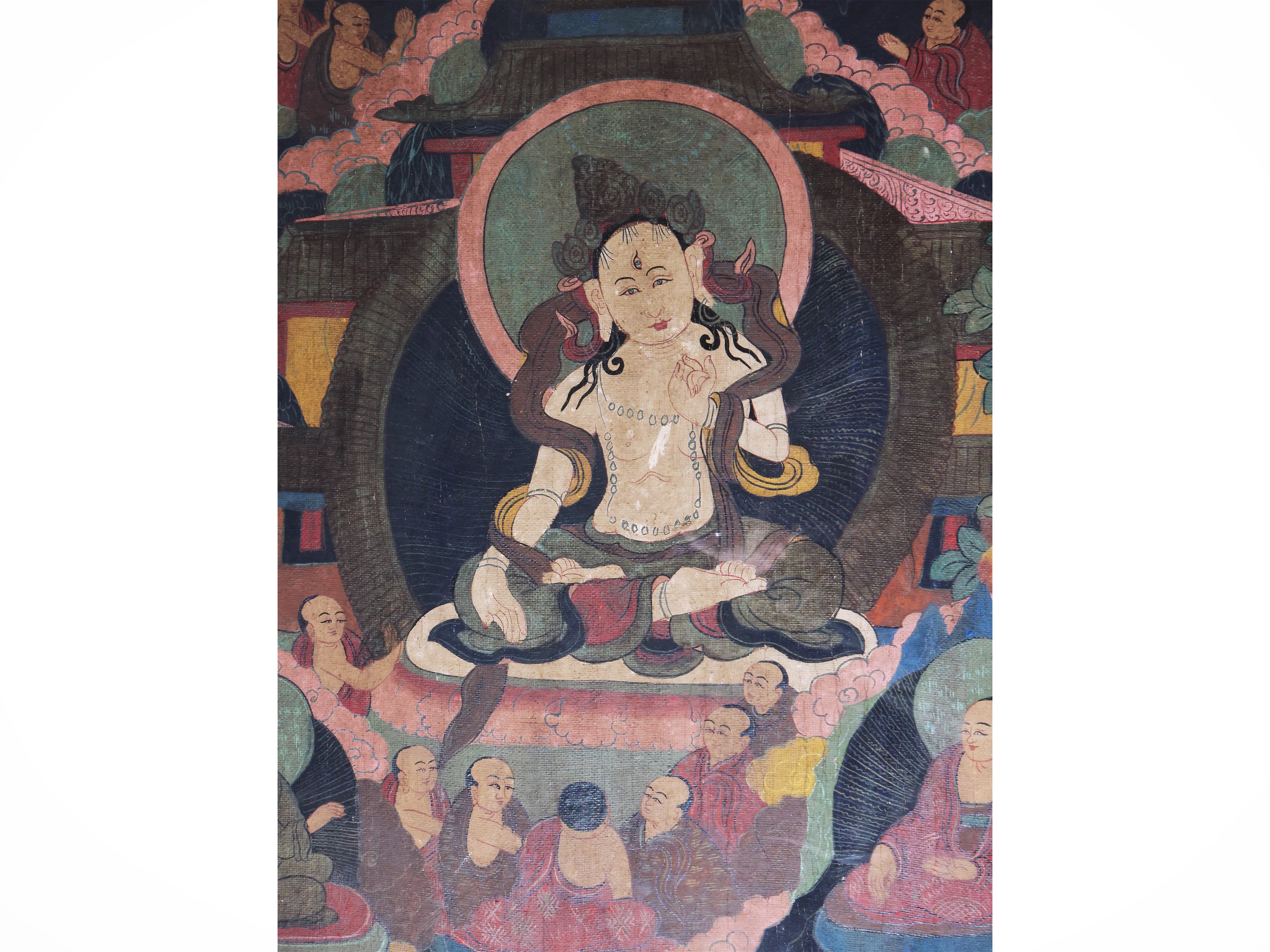 Thangka, scena buddhista con Buddha e bodhisattva, area himalayana, XIX-XX secolo