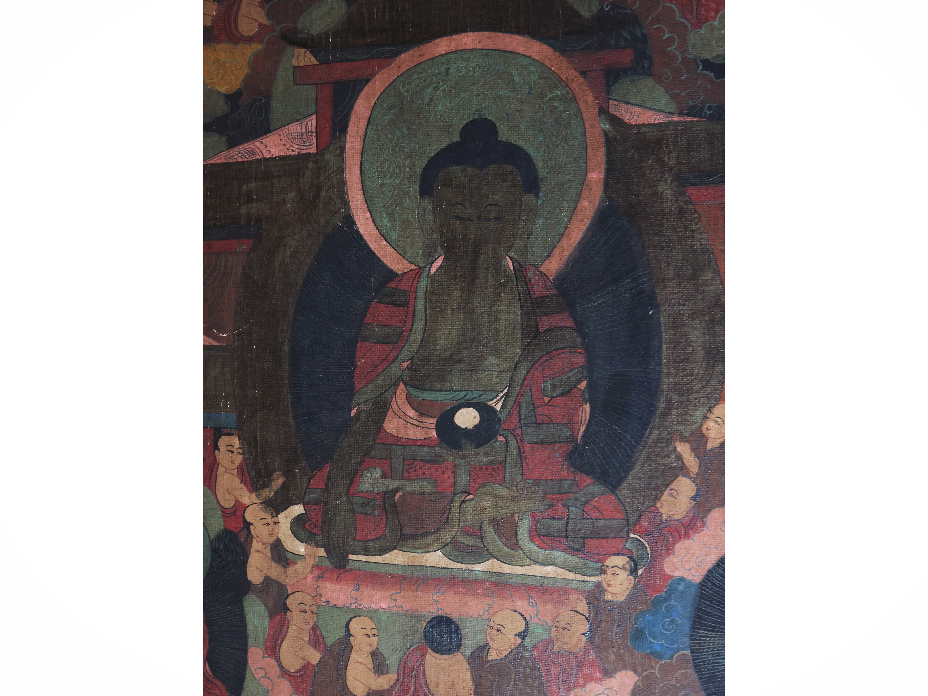 Thangka, scena buddhista con Buddha e bodhisattva, area himalayana, XIX-XX secolo