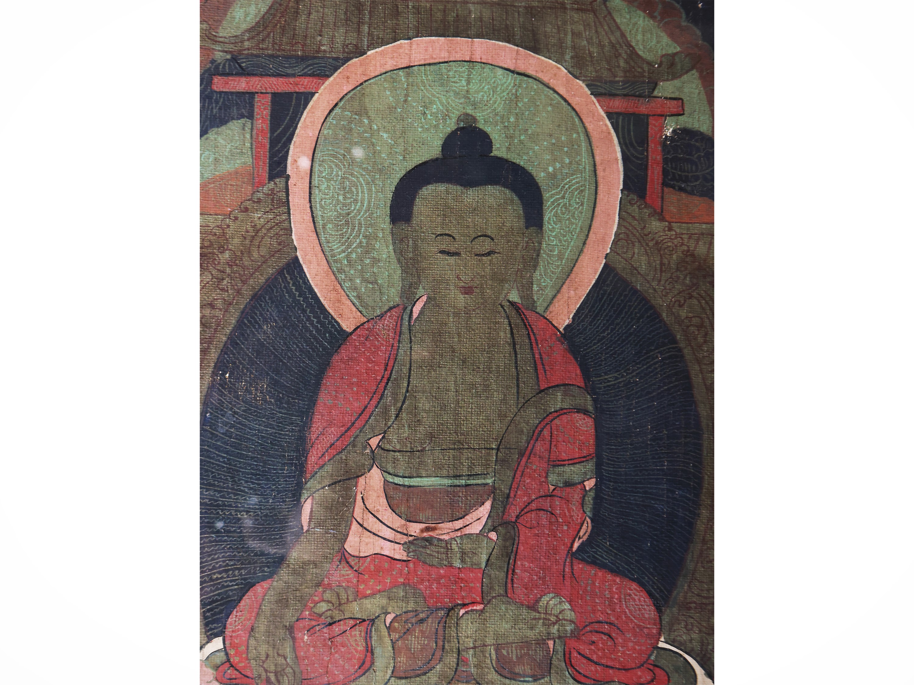 Thangka, scena buddhista con Buddha e bodhisattva, area himalayana, XIX-XX secolo