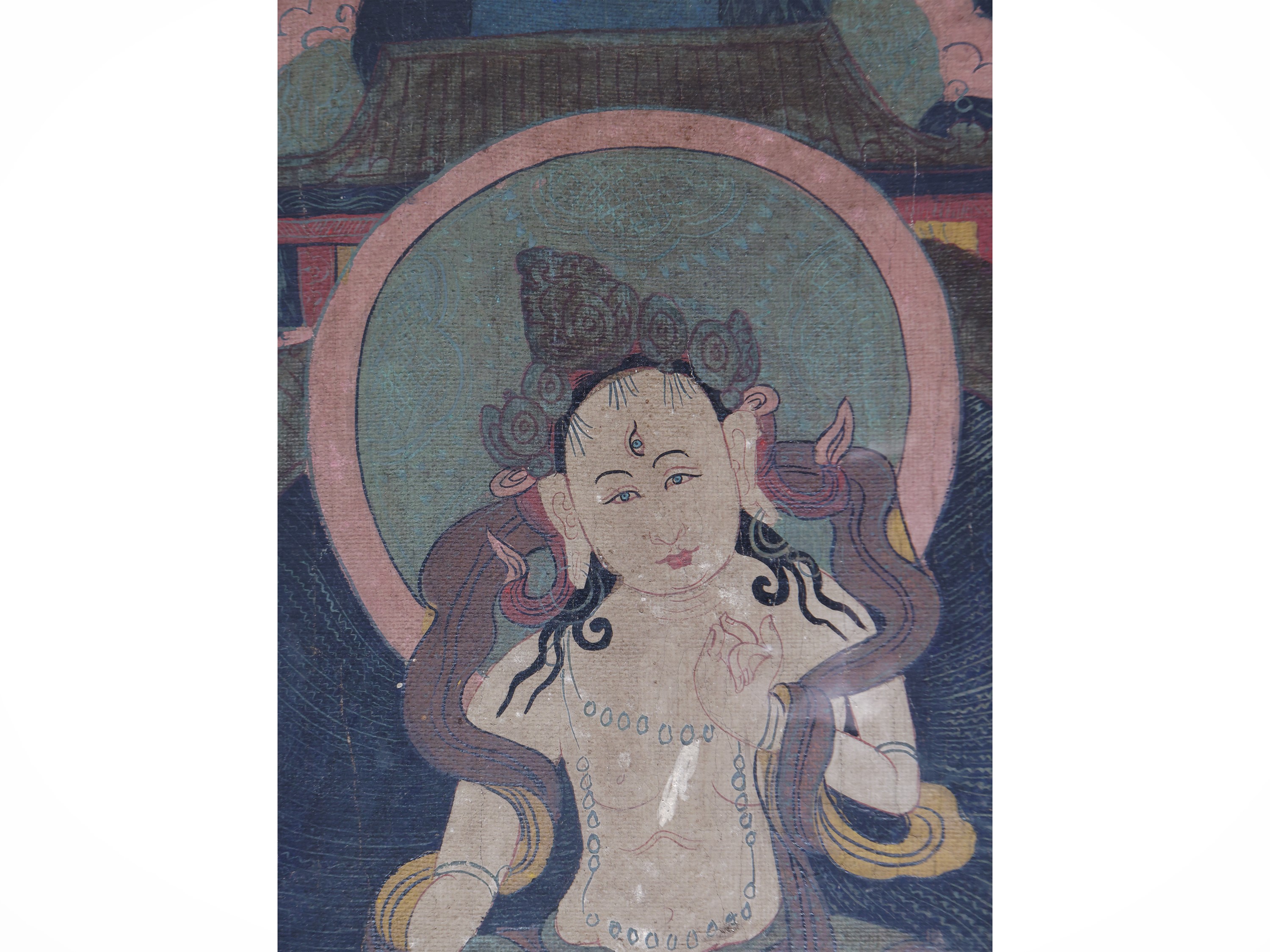 Thangka, scena buddhista con Buddha e bodhisattva, area himalayana, XIX-XX secolo
