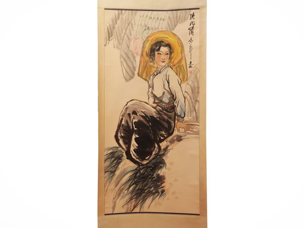 Dipinto a inchiostro e colori su carta raffigurante figura femminile, nello stile di Liu Wenxi