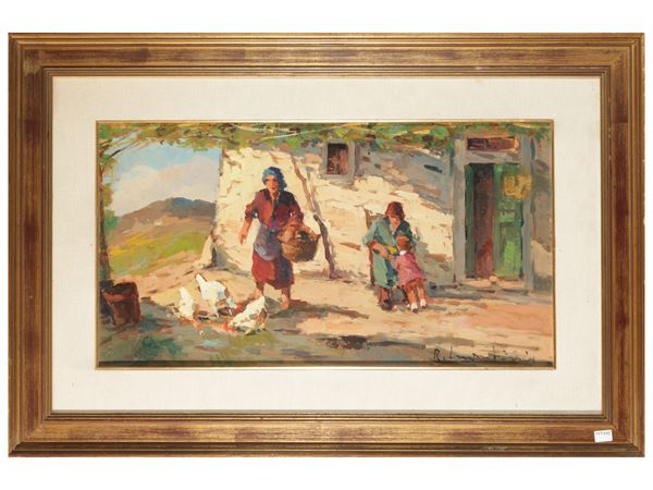 Renzo Martini : Scorcio di aia con contadine e bambina  - Asta Arte Moderna e Contemporanea - Maison Bibelot - Casa d'Aste Firenze - Milano