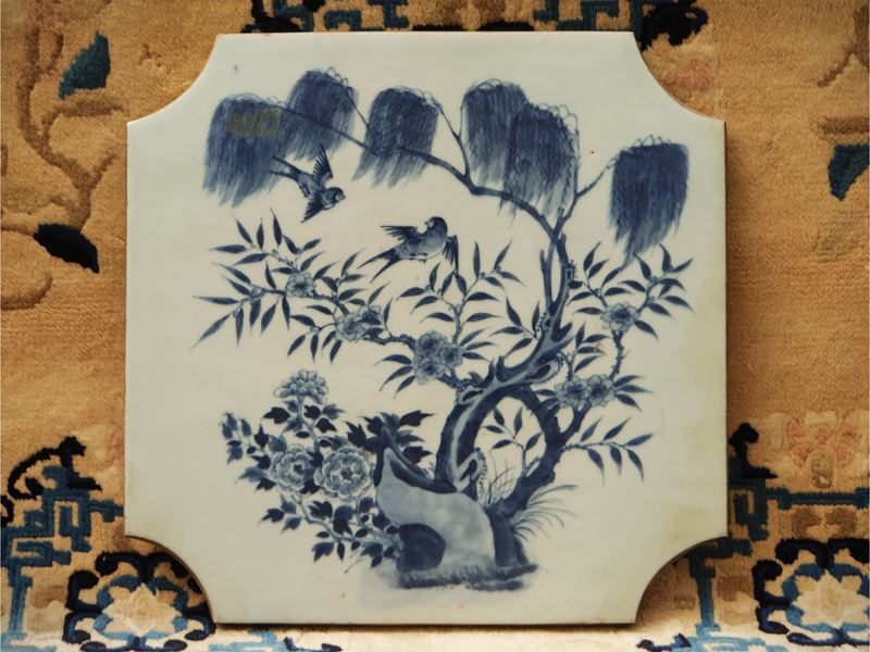 Pannello quadrangolare in porcellana bianco blu, Cina, dinastia Qing