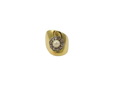 Anello a fascia in oro giallo e argento con diamanti e perla, Anni Ottanta