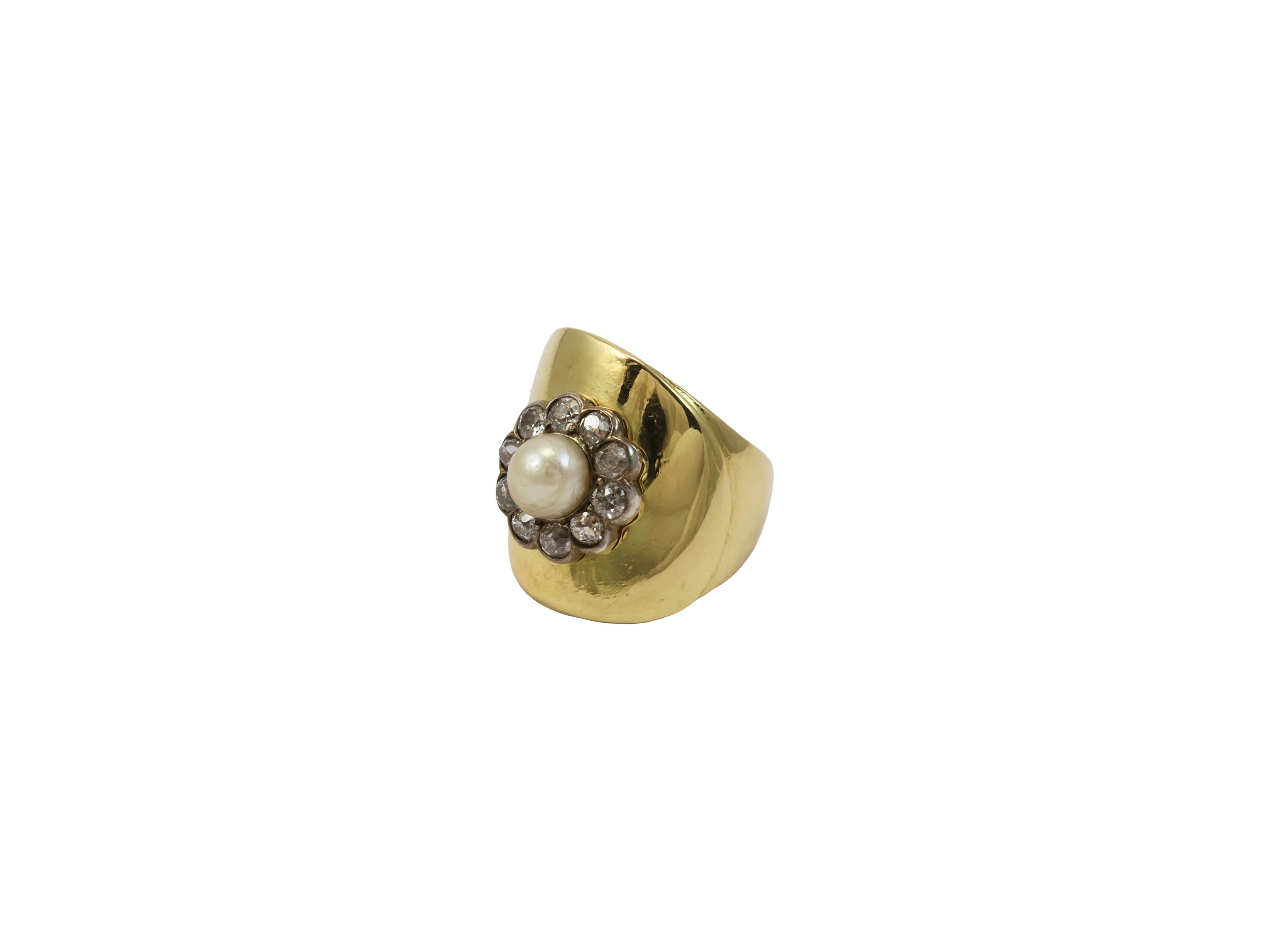 Anello a fascia in oro giallo e argento con diamanti e perla, Anni Ottanta