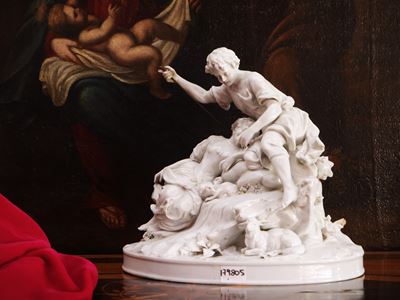 Gruppo in porcellana bianca, raffigurante pastori e amorini, XIX secolo