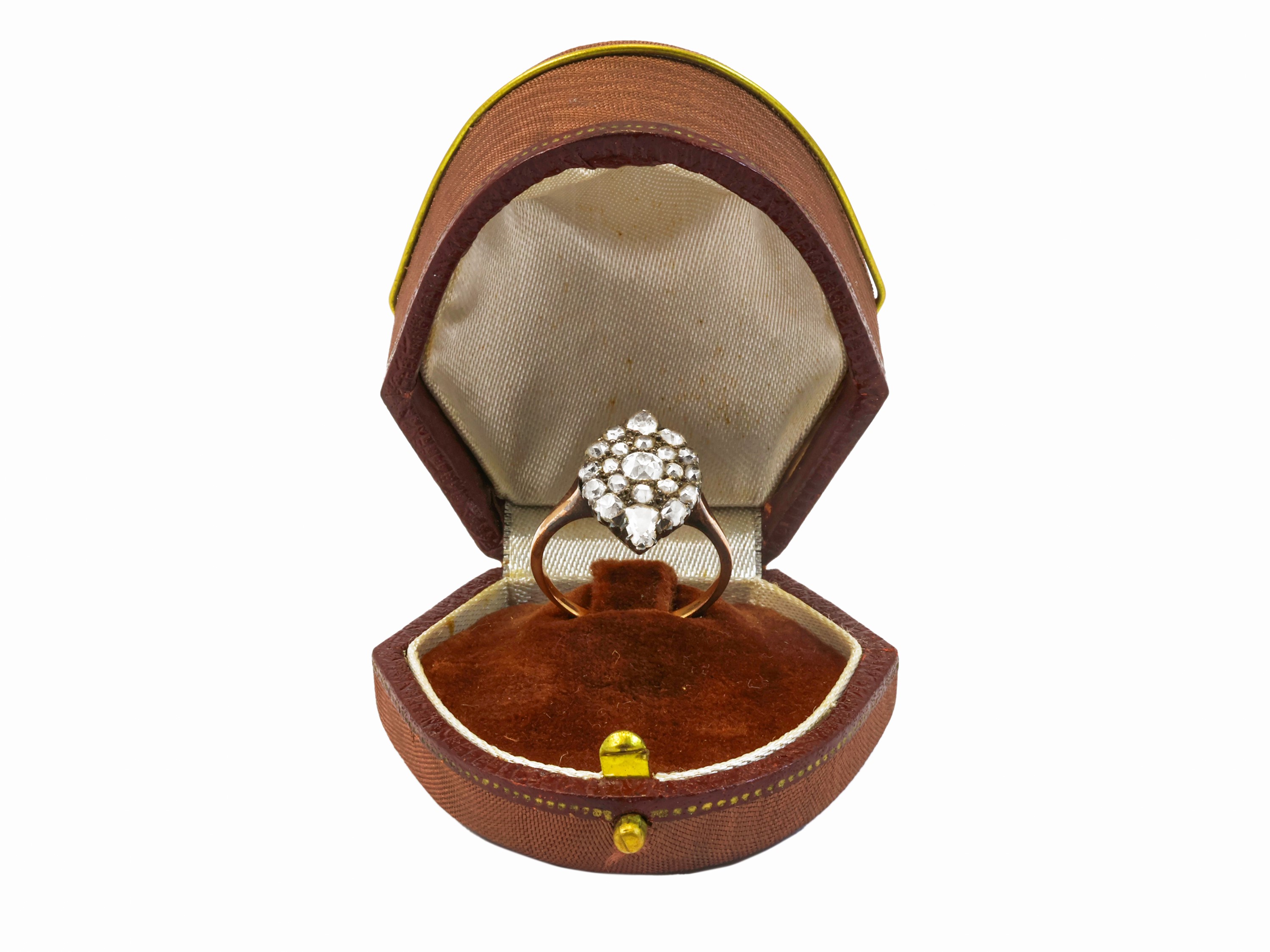 Anello a losanga in oro rosso e argento con diamanti