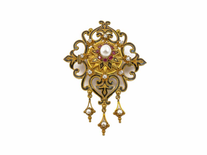 Spilla vittoriana con porta reliquia in oro giallo e smalto con diamanti, rubini e perle