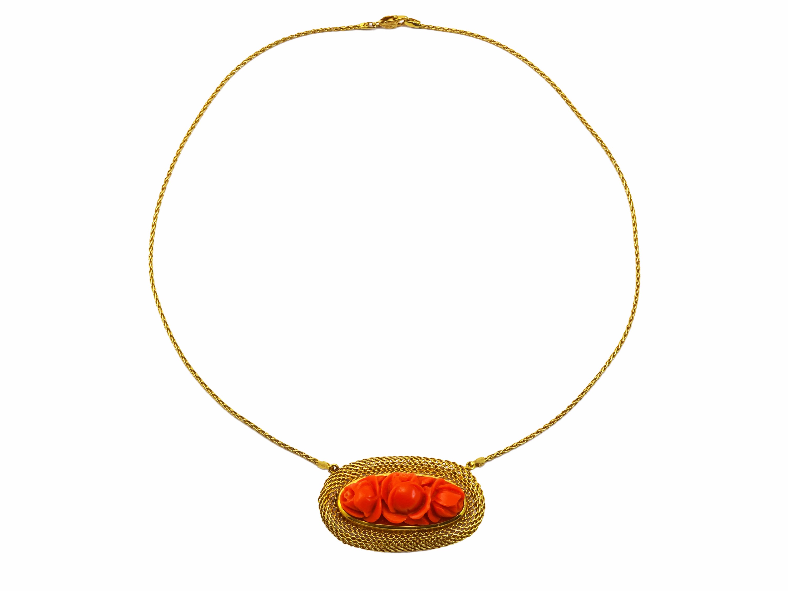 Catenina con pendente in oro giallo e corallo rosso arancio, g 21,87