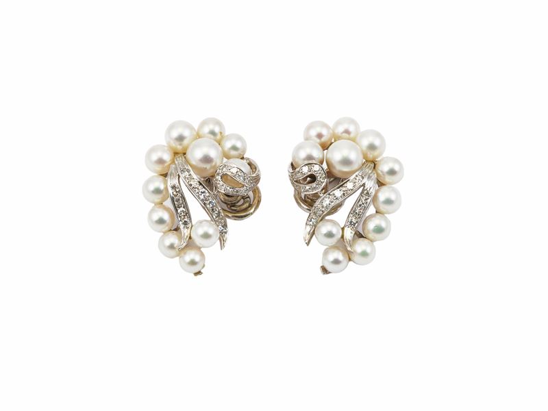 Orecchini in Oro Bianco 14 Kt con Diamanti e Perle