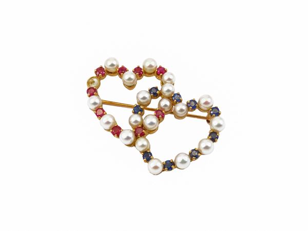 14 kt yellow gold brooch with sapphires, rubies and pearls  - Auction Jewels and Watches - Maison Bibelot - Casa d'Aste Firenze - Milano