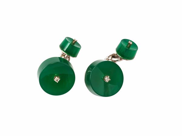 White gold cufflinks with diamonds and green agates