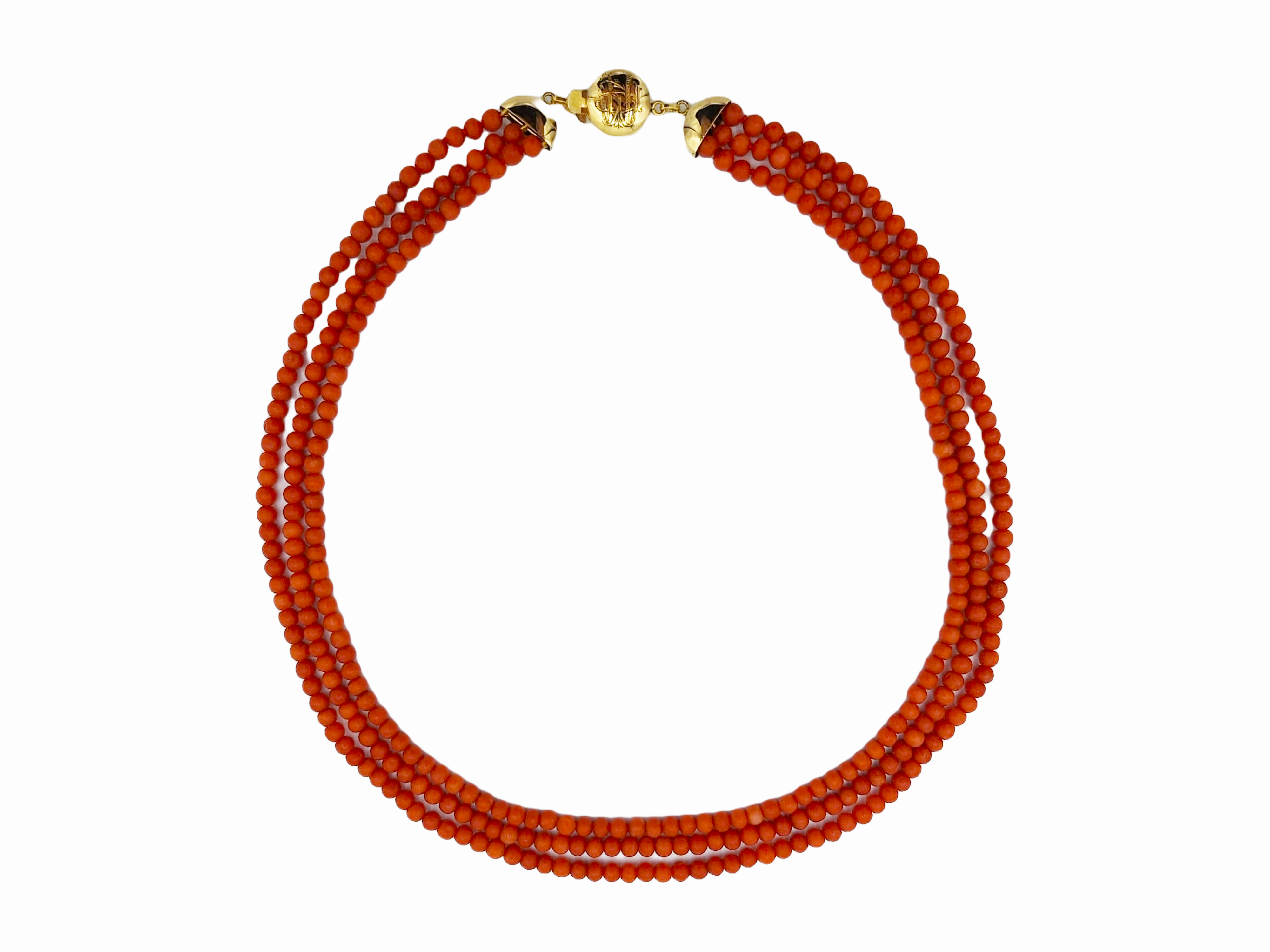 Collana Tre Fili di Corallo Rosso Arancio con Fermezza in Oro Giallo