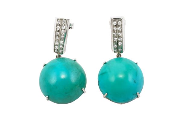 White gold pendant earrings with diamonds and cabochon turquoises  - Auction Jewels and Watches - Maison Bibelot - Casa d'Aste Firenze - Milano