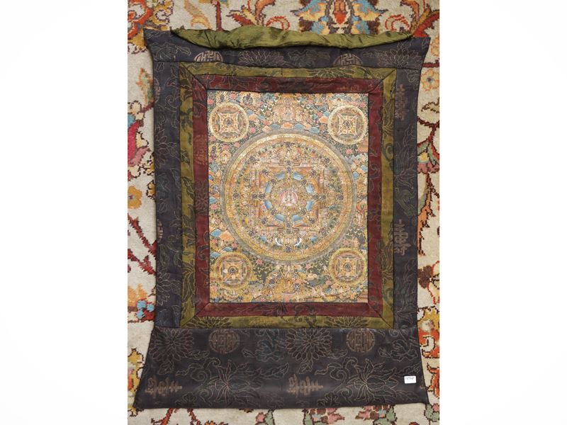 Thangka con Mandala, tempera su carta applicata a tela, Arte Himalayana