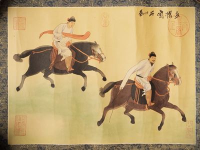 Cina, Dinastia Qing, Dipinto su carta raffigurante due cavalieri al galoppo
