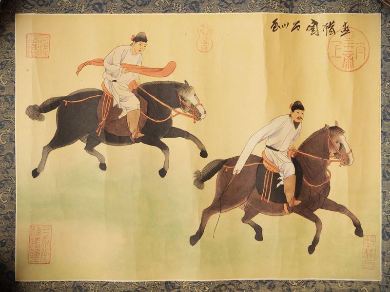 Cina, Dinastia Qing, Dipinto su carta raffigurante due cavalieri al galoppo