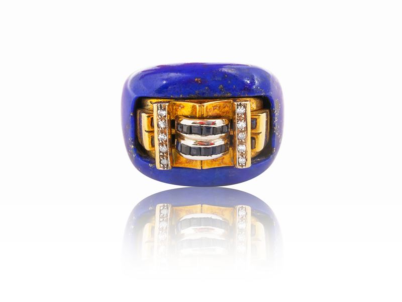 Anello a fascia in lapislazzuli con inserto in oro giallo, diamanti e zafffiri