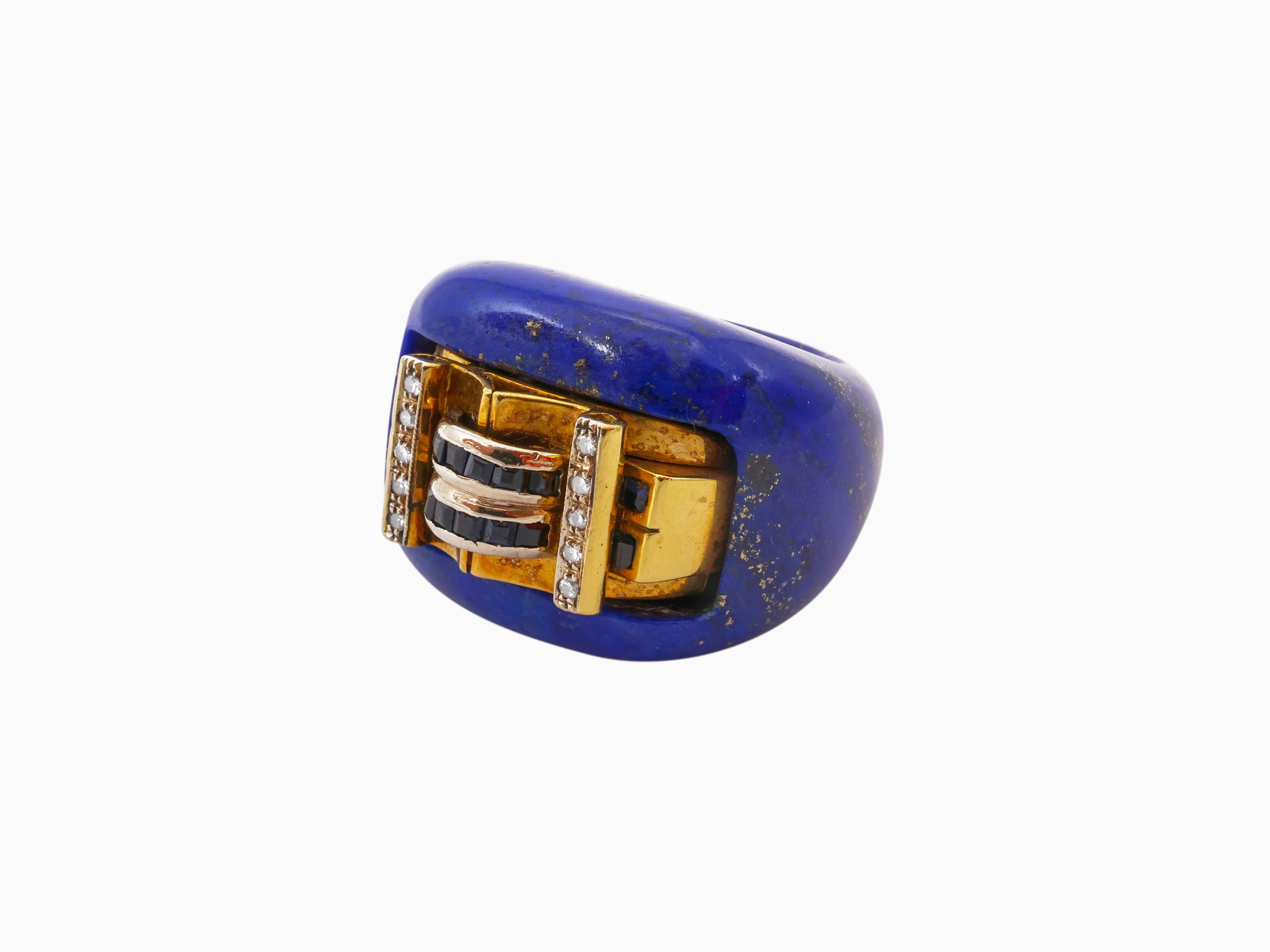 Anello a fascia in lapislazzuli con inserto in oro giallo, diamanti e zafffiri