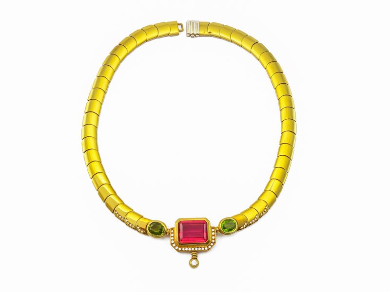 Girocollo in oro giallo con peridoto, tormalina e diamanti