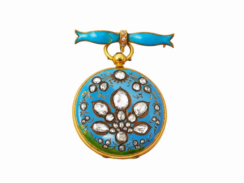 Spilla con orologio, F.A. Bergeon Genève, oro giallo con smalti e diamanti