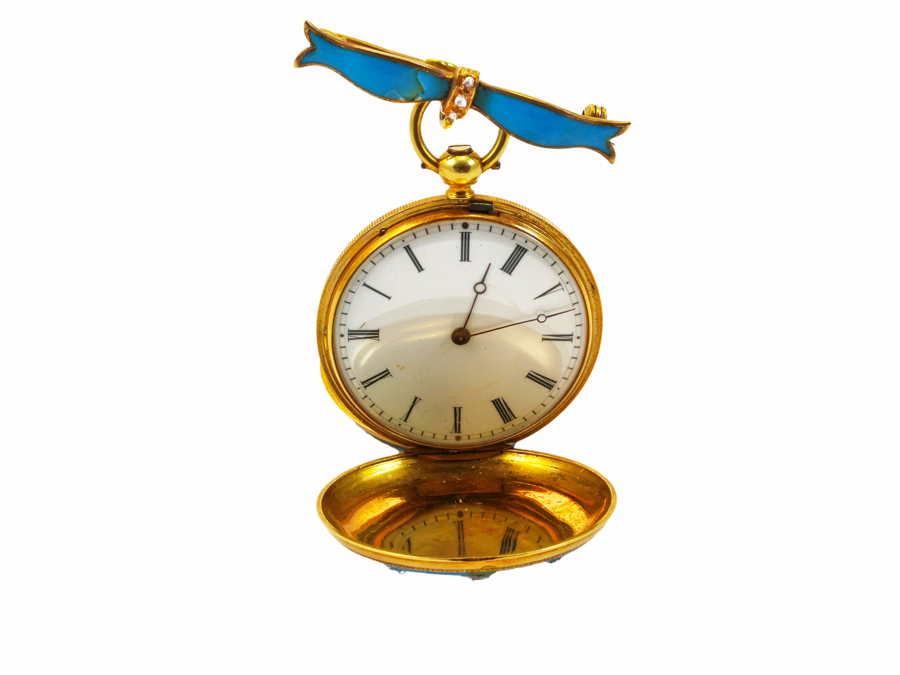 Spilla con orologio, F.A. Bergeon Genève, oro giallo con smalti e diamanti