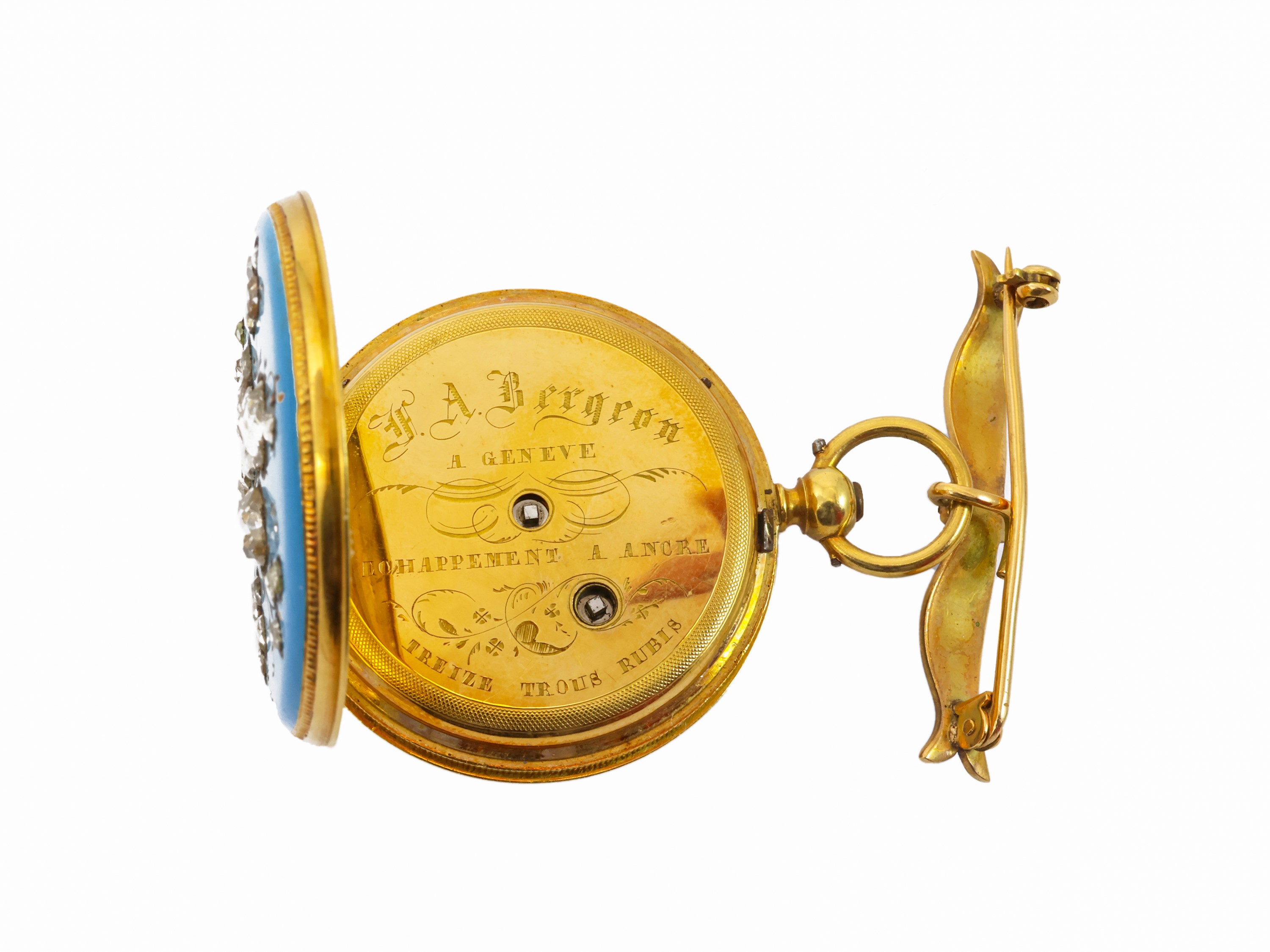 Spilla con orologio, F.A. Bergeon Genève, oro giallo con smalti e diamanti