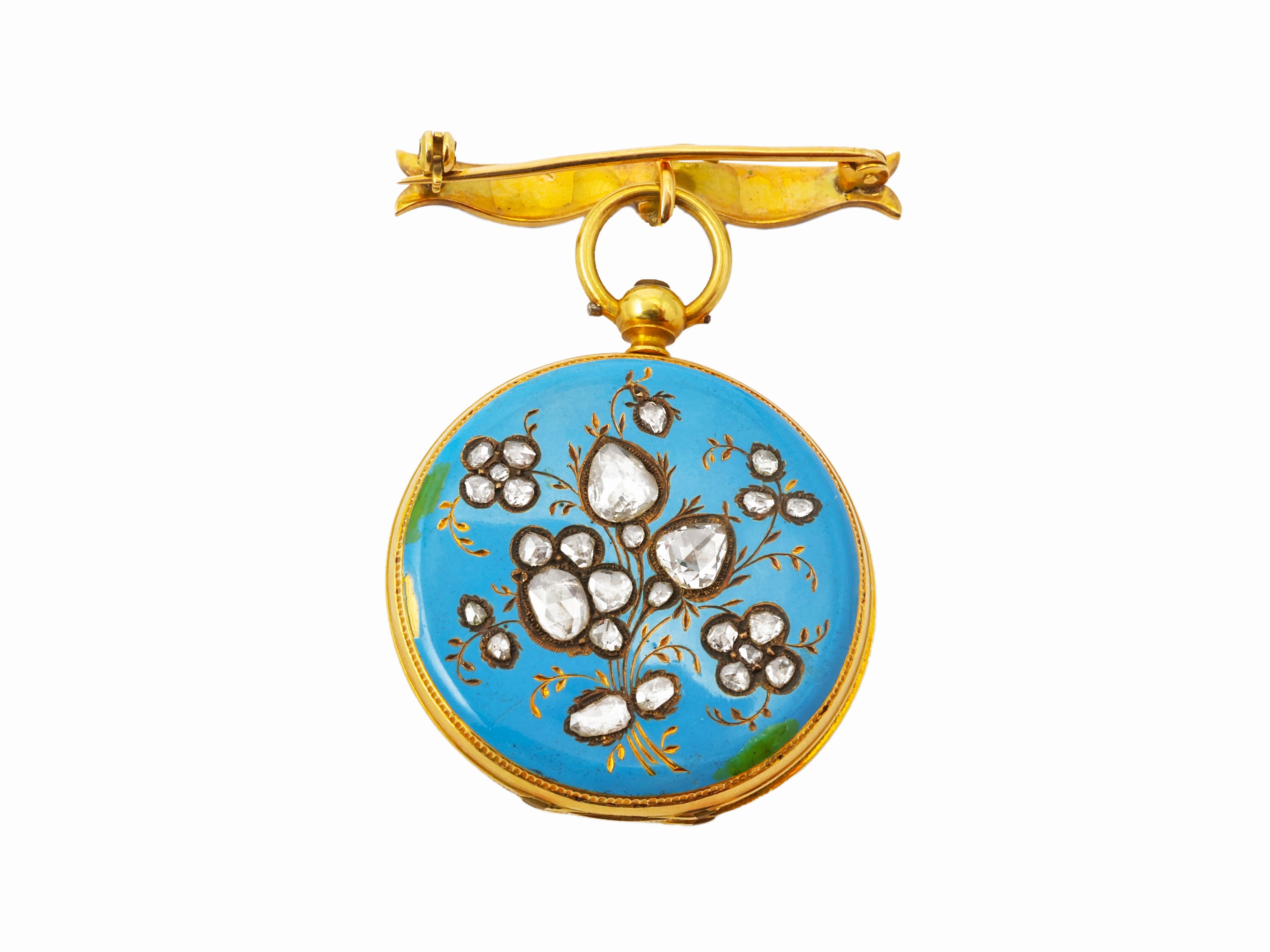 Spilla con orologio, F.A. Bergeon Genève, oro giallo con smalti e diamanti