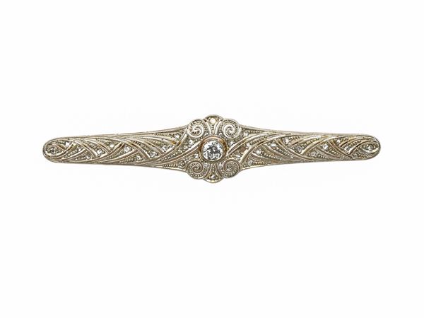 Spilla Decò a barretta in oro giallo e platino con diamanti  (Anni Trenta/Quaranta)  - Asta Gioielli e Orologi - Maison Bibelot - Casa d'Aste Firenze - Milano