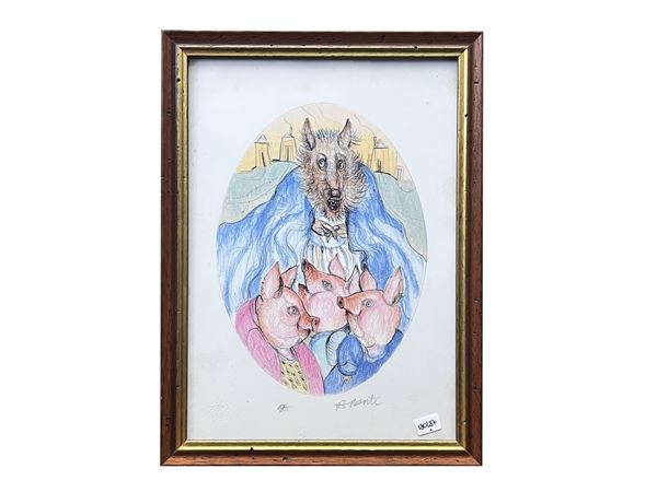Antonio Possenti : Il lupo e i tre porcellini  - Asta Opere su carta - Maison Bibelot - Casa d'Aste Firenze - Milano