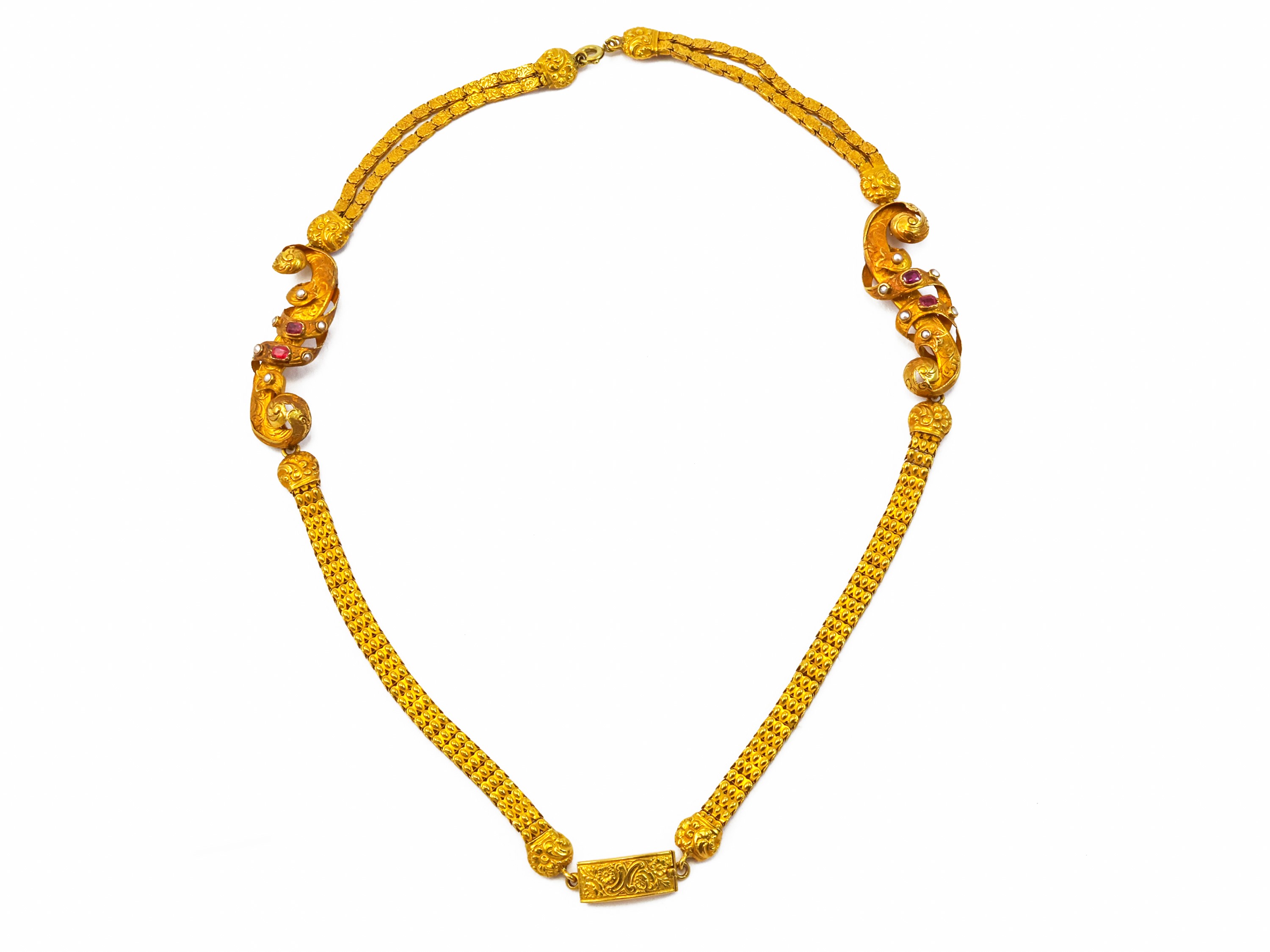 Collana borbonica in oro giallo con rubini e microperle, lunghezza cm 40