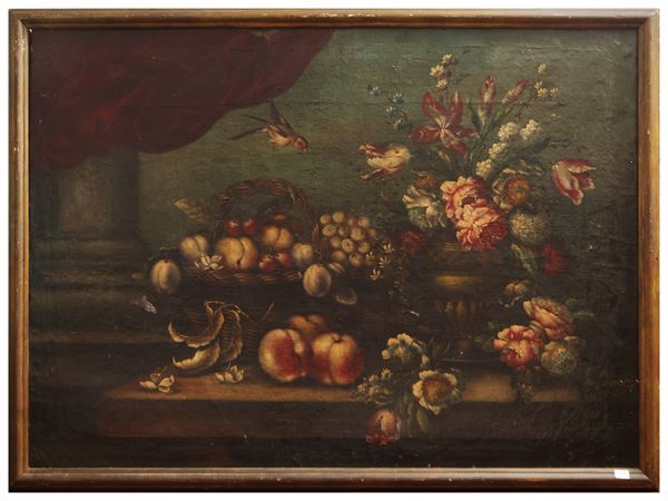 Triumph of flowers, fruits and goldfinch