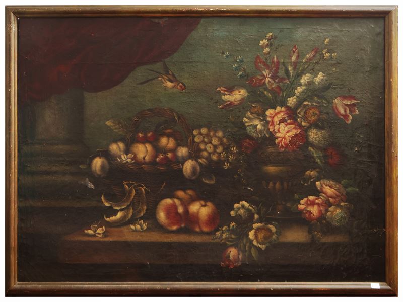 Autore ignoto, Trionfo di fiori, frutti e cardellino, olio su tela