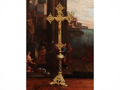 Crocifisso astile da altare, metallo dorato, XIX secolo