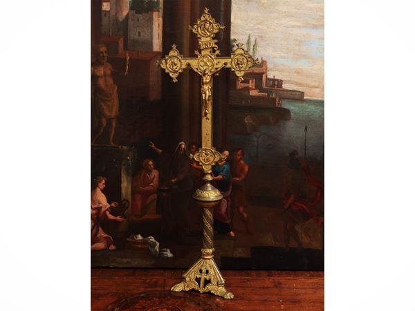 Processional altar crucifix in golden metal