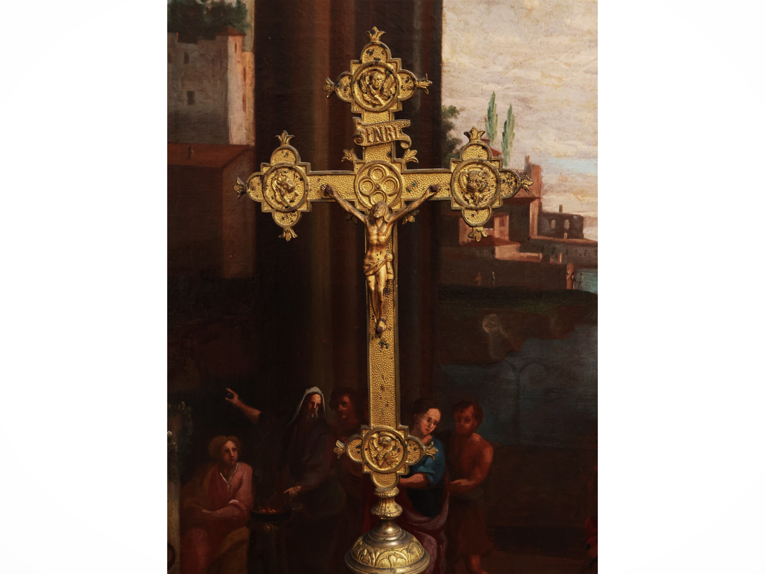Crocifisso astile da altare, metallo dorato, XIX secolo