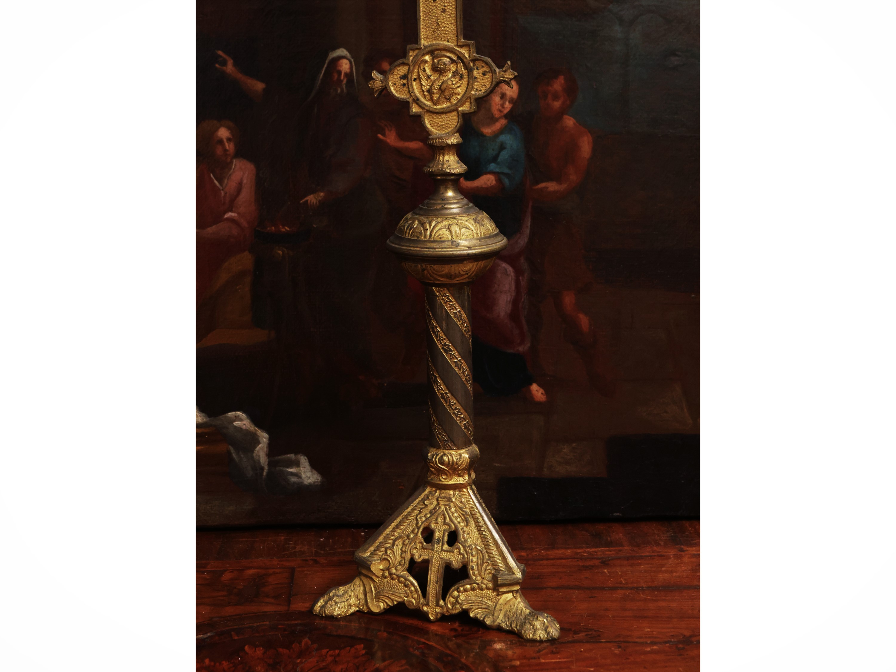 Crocifisso astile da altare, metallo dorato, XIX secolo